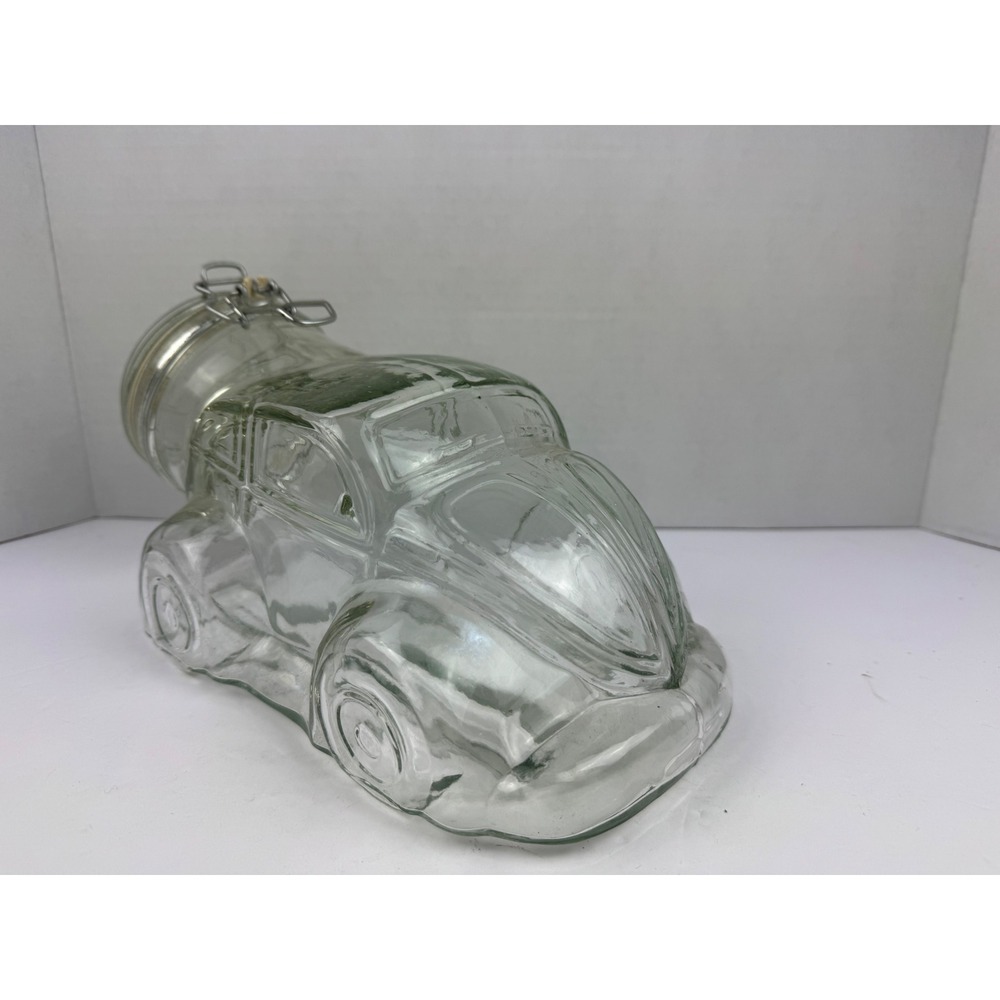 Vintage Clear Glass VW Beetle Bug Car Storage Jar Wire Bail Flip Top Lid 9 inch